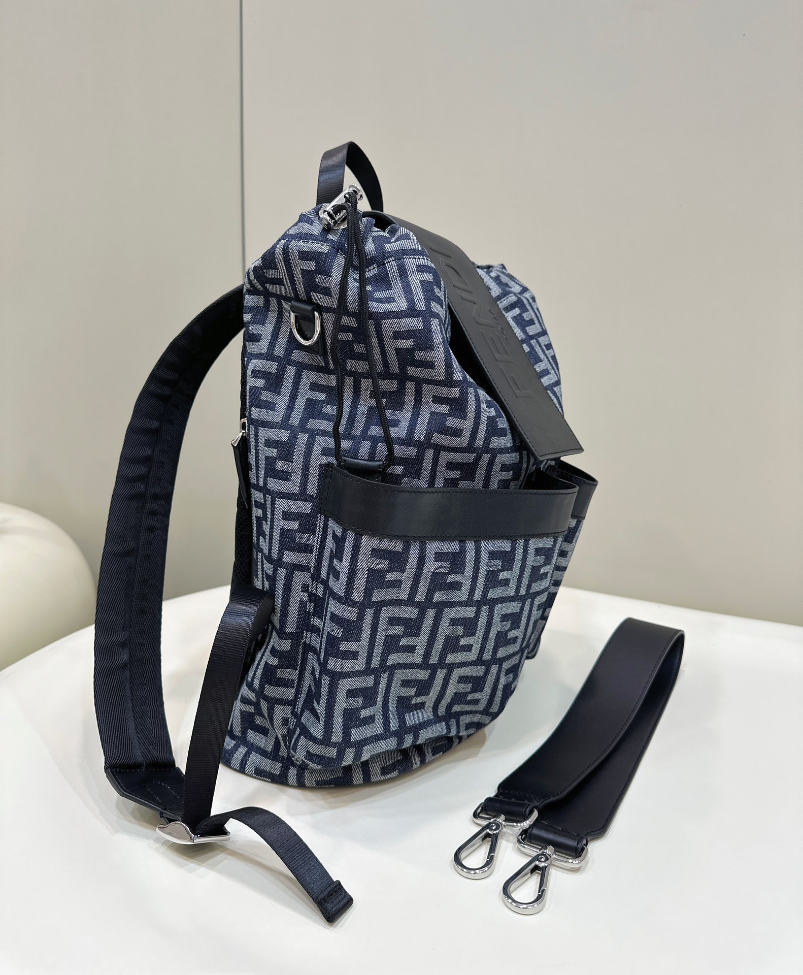 Bagsaaa F**di Black Strike Backpack In Denim With Jacquard Ff Monogram Medium - 31.5*16*36CM