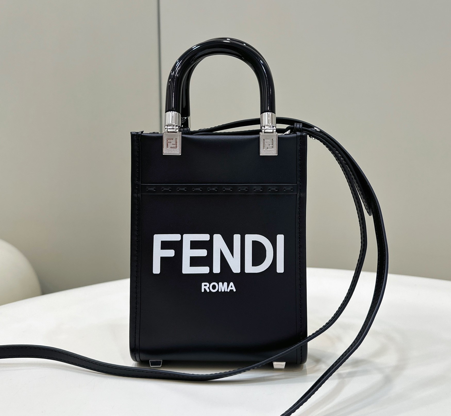 Bagsaaa F**di Mini Sunshine Shopper Black Leather White Letter - 18x13x6.5cm