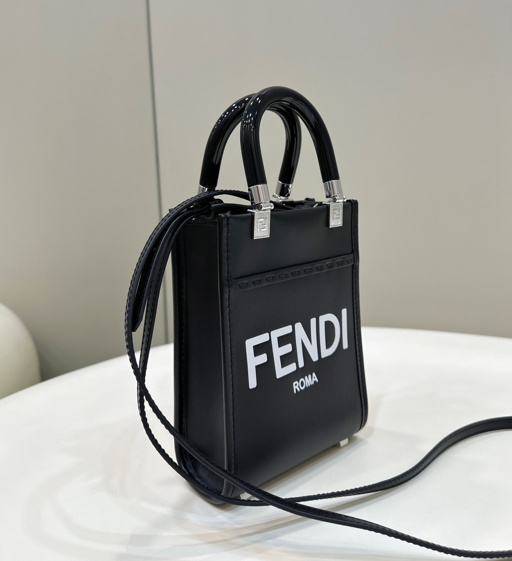 Bagsaaa F**di Mini Sunshine Shopper Black Leather White Letter - 18x13x6.5cm