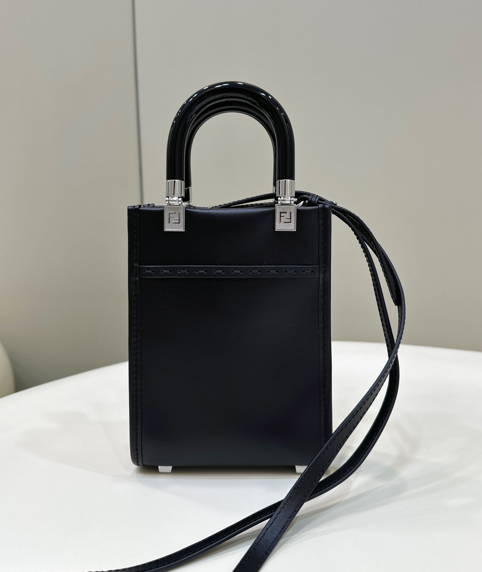 Bagsaaa F**di Mini Sunshine Shopper Black Leather White Letter - 18x13x6.5cm