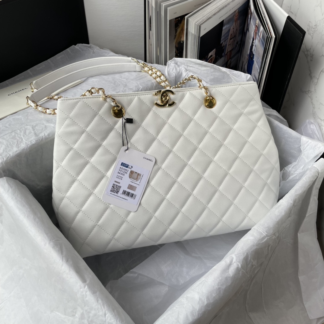 Bagsaaa Ch**el White Quilted Caviar Tote - 31*23*14cm