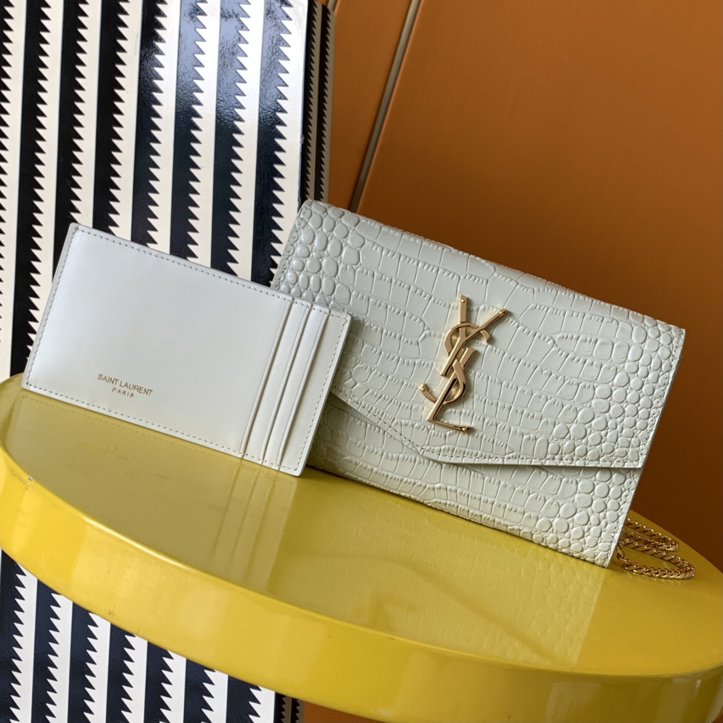 Bagsaaa Y51 Uptown Chain Wallet In Crocodile Embossed Shiny Leather White - 19 X 12 X 3 CM