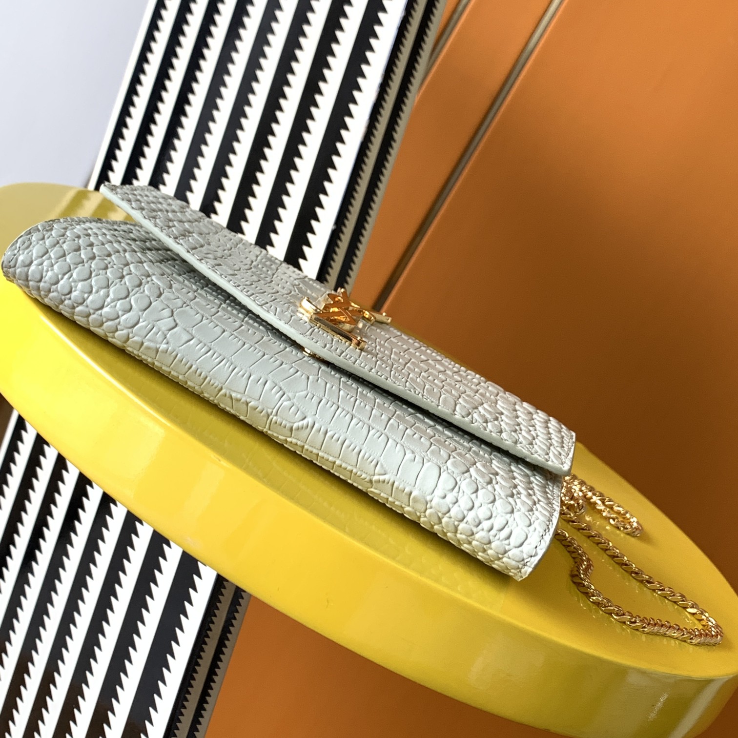 Bagsaaa Y51 Uptown Chain Wallet In Crocodile Embossed Shiny Leather White - 19 X 12 X 3 CM