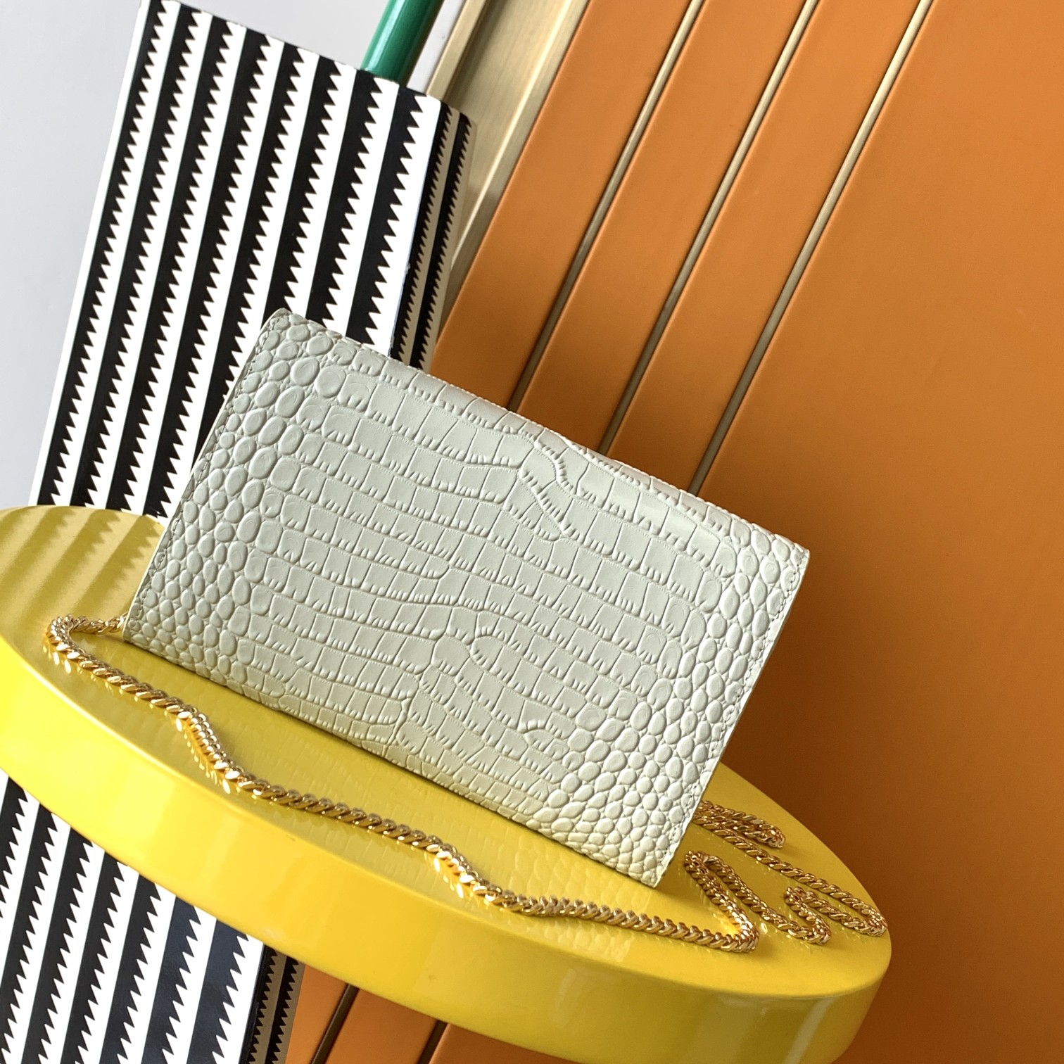 Bagsaaa Y51 Uptown Chain Wallet In Crocodile Embossed Shiny Leather White - 19 X 12 X 3 CM