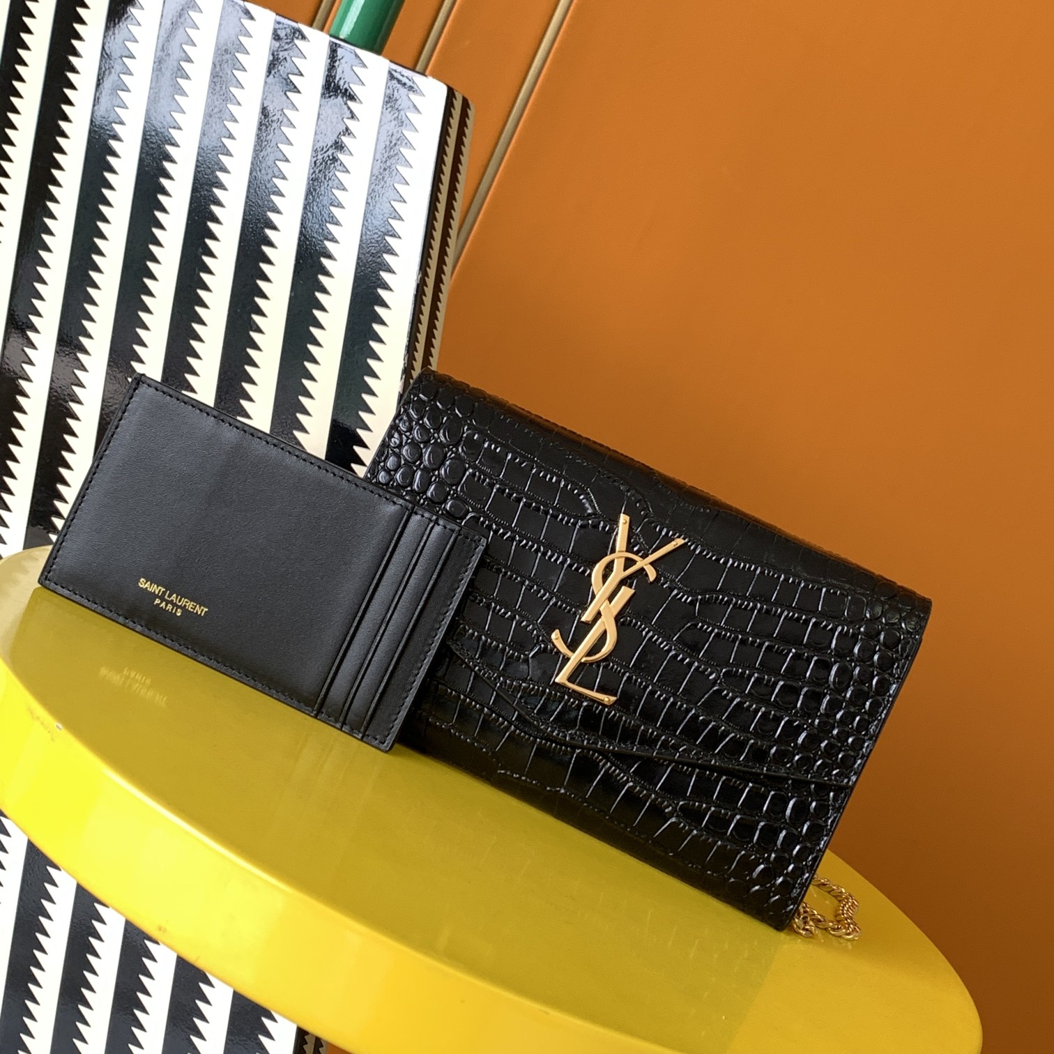 Bagsaaa Y51 Uptown Chain Wallet In Crocodile Embossed Shiny Leather Black - 19 X 12 X 3 CM