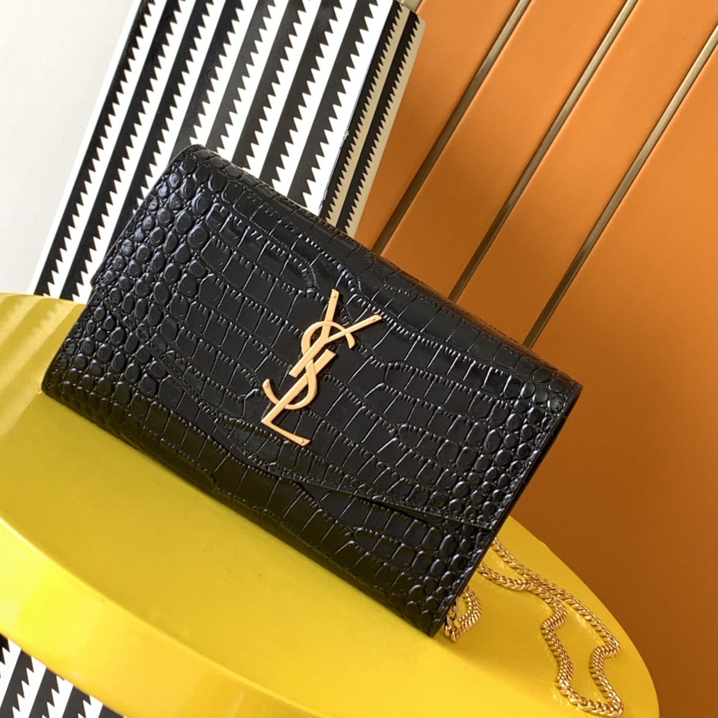 Bagsaaa Y51 Uptown Chain Wallet In Crocodile Embossed Shiny Leather Black - 19 X 12 X 3 CM