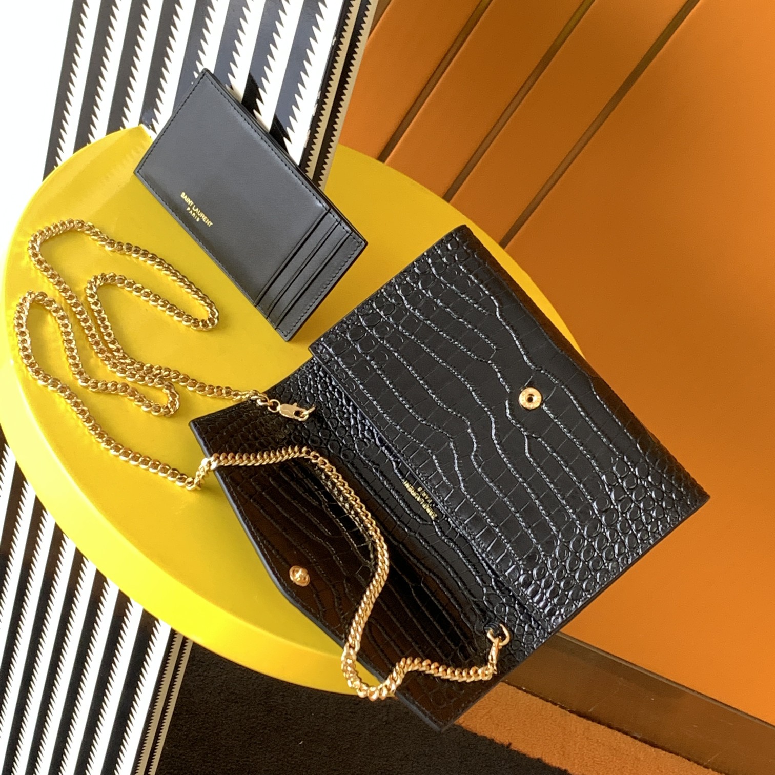 Bagsaaa Y51 Uptown Chain Wallet In Crocodile Embossed Shiny Leather Black - 19 X 12 X 3 CM