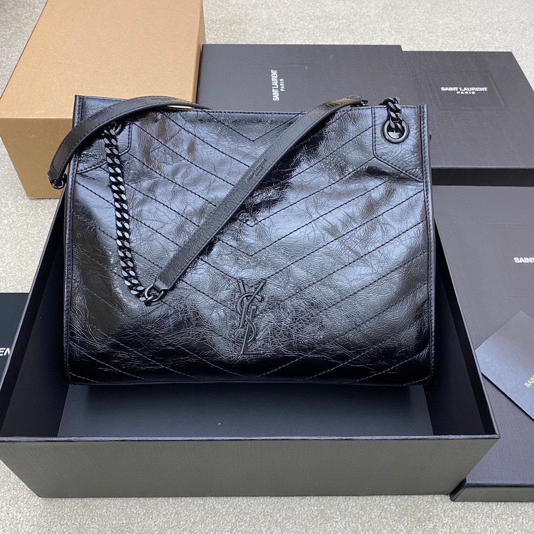 Bagsaaa Y51 Niki Shopping In Vintage Black Leather - 33 X 27 X 11,5 CM