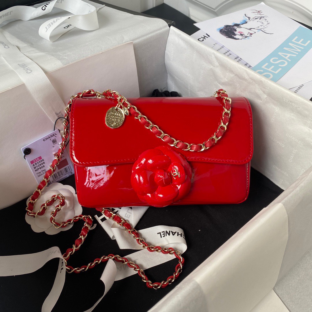 Bagsaaa Ch**el Flap Bag Flower Patent Red Leather - 20cm