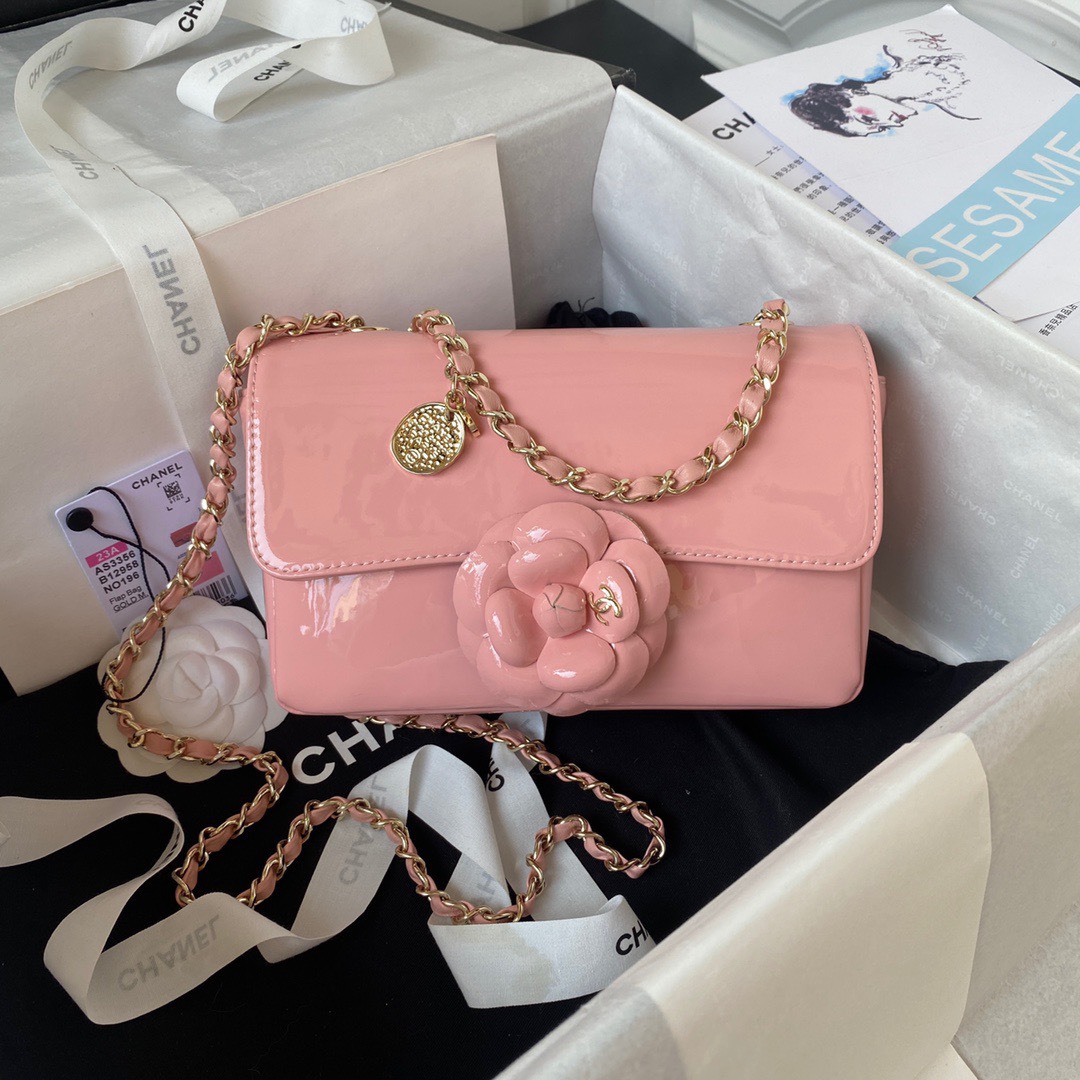 Bagsaaa Ch**el Flap Bag Flower Patent Pink Leather - 20cm