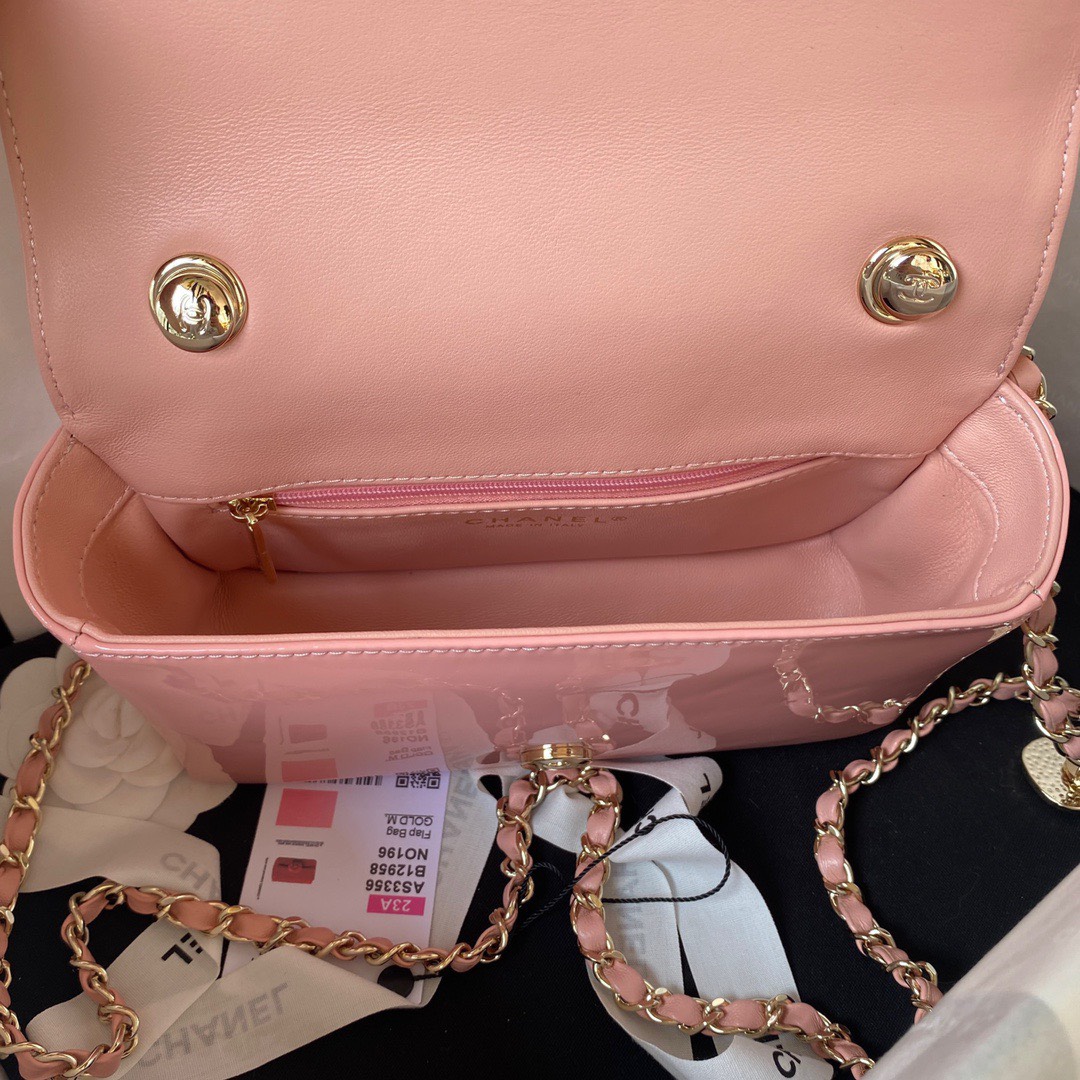 Bagsaaa Ch**el Flap Bag Flower Patent Pink Leather - 20cm