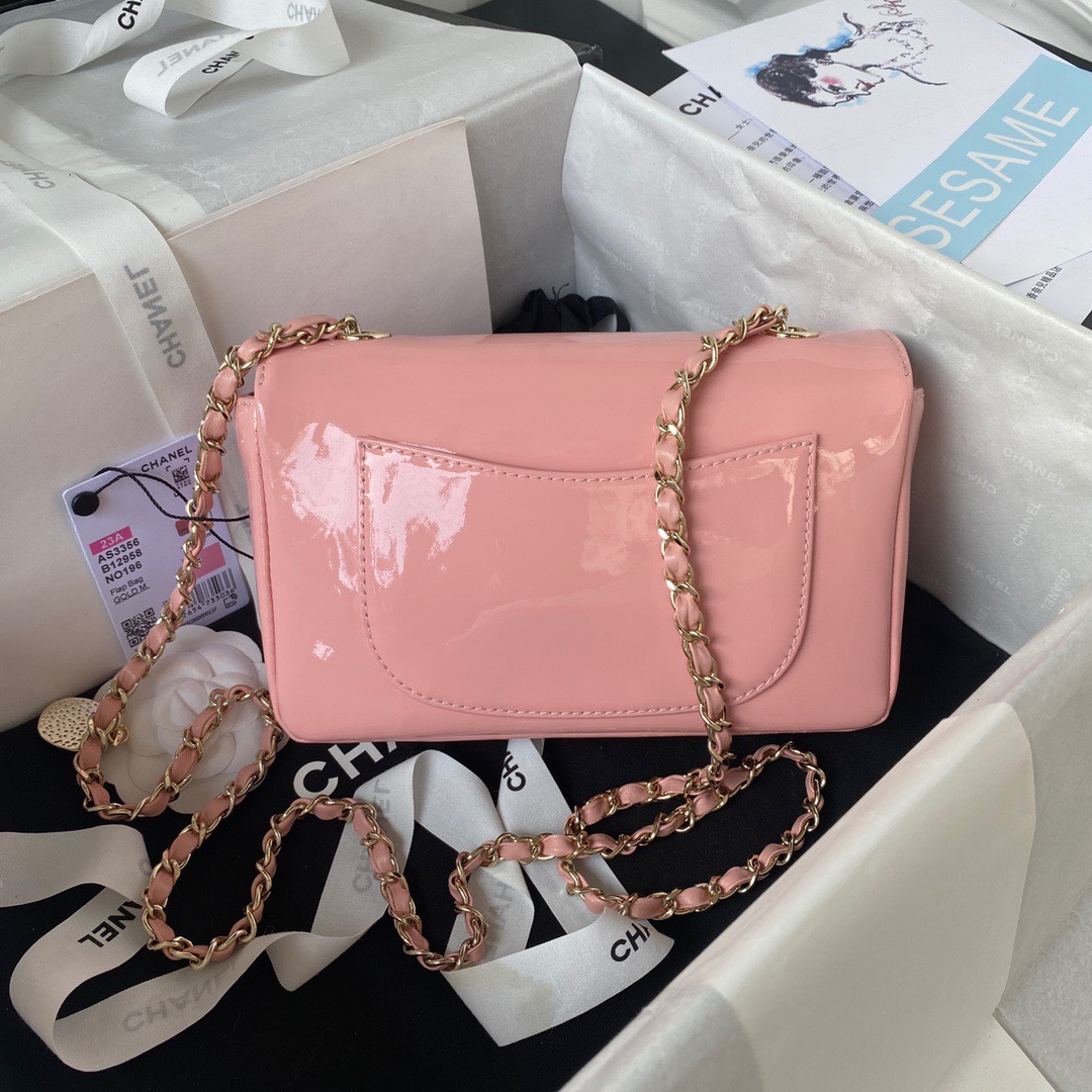 Bagsaaa Ch**el Flap Bag Flower Patent Pink Leather - 20cm
