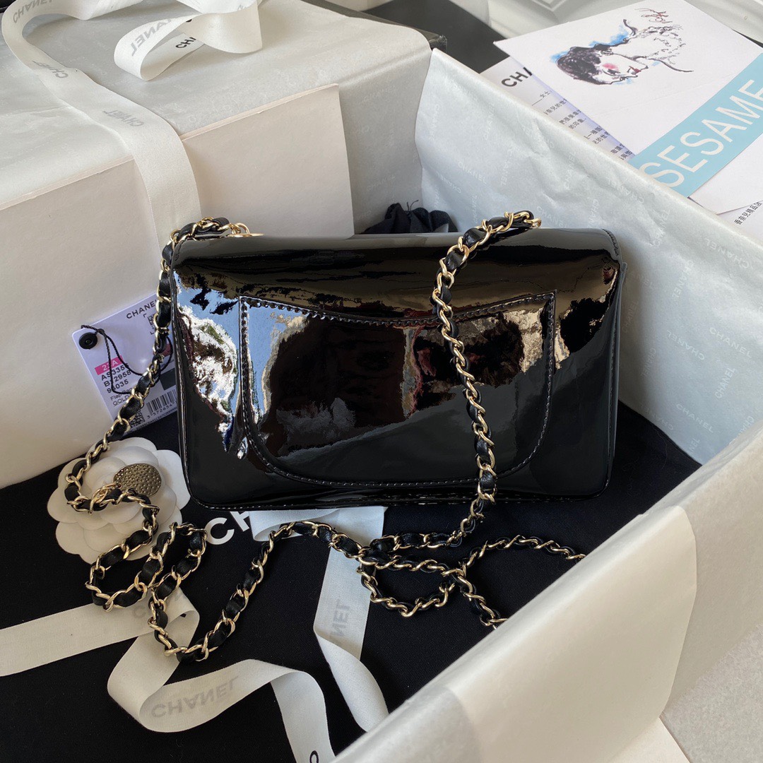 Bagsaaa Ch**el Flap Bag Flower Patent Black Leather - 20cm