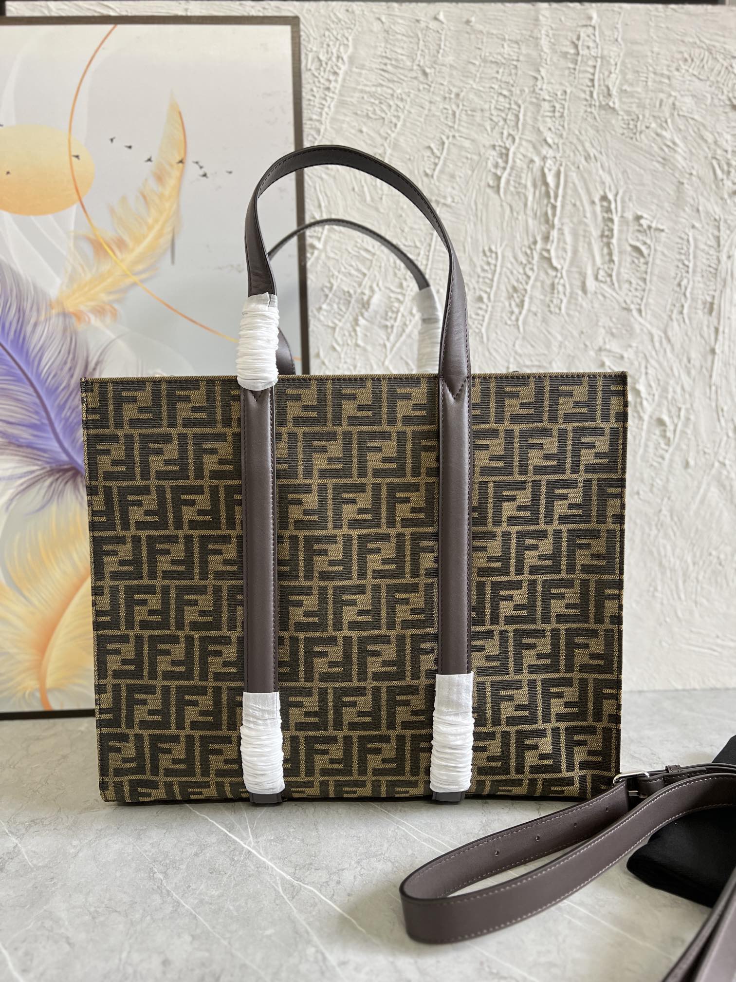 Bagsaaa F**di Shopper FF jacquard fabric brown bag - 41x35x19cm