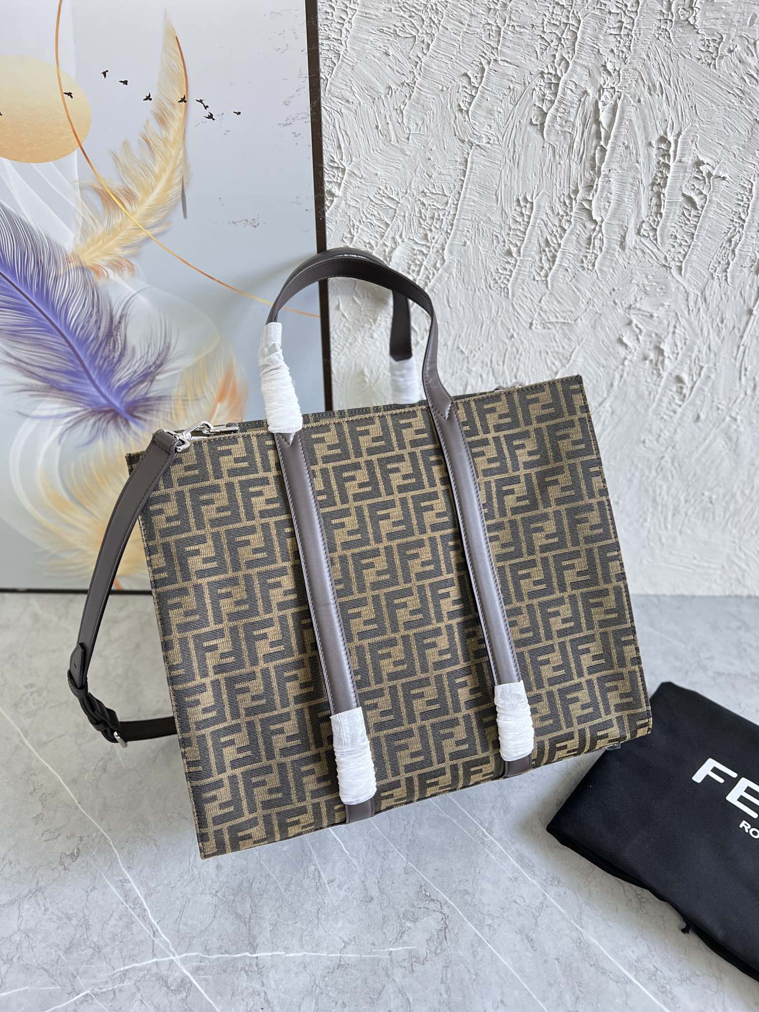 Bagsaaa F**di Shopper FF jacquard fabric brown bag - 41x35x19cm