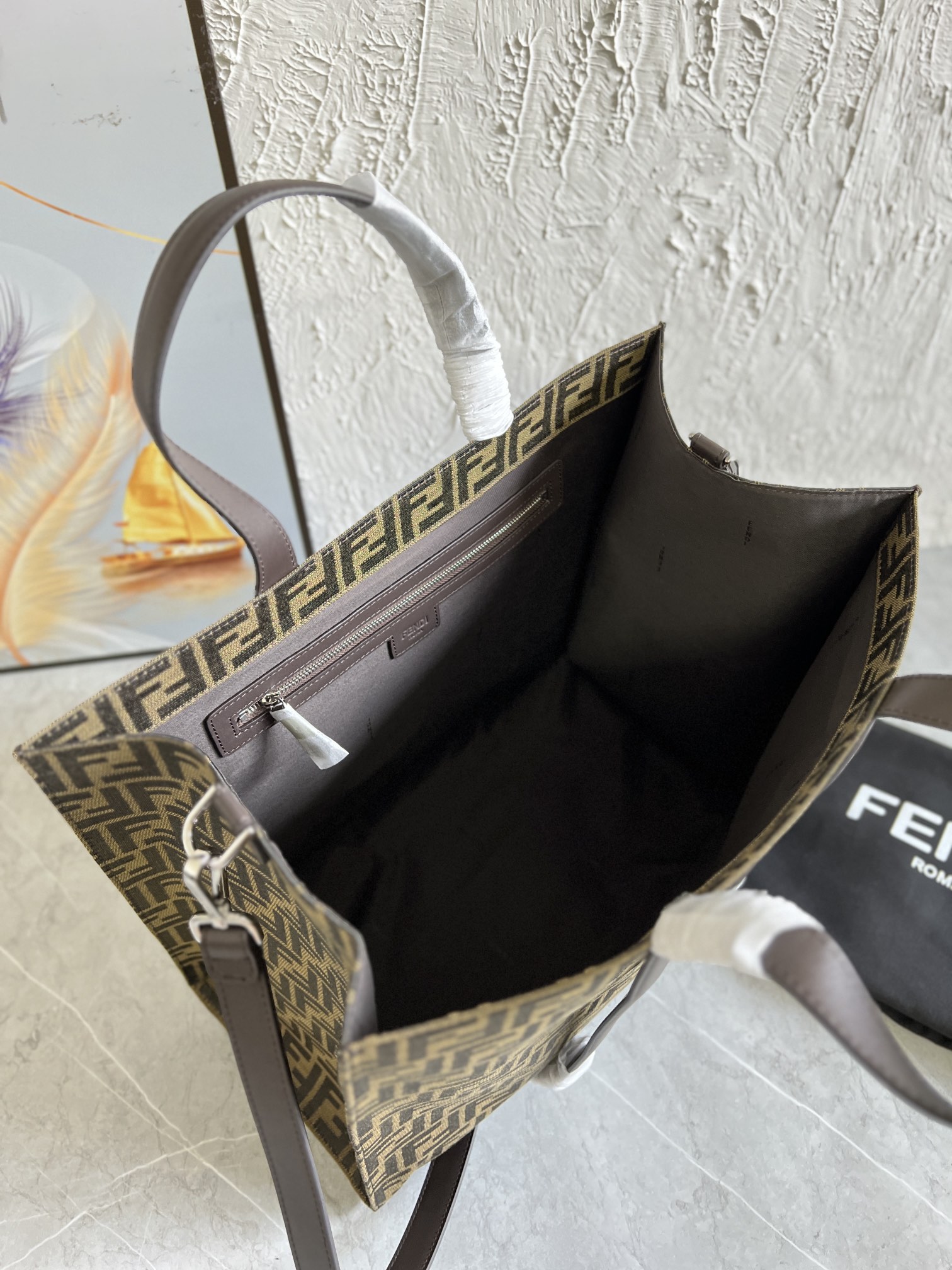 Bagsaaa F**di Shopper FF jacquard fabric brown bag - 41x35x19cm