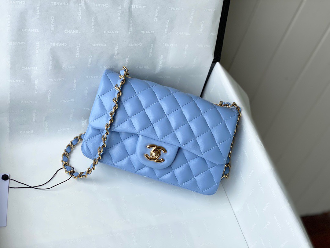 Bagsaaa Ch**el Flap Bag Blue Lambskin Leather Gold Hardware - 20cm