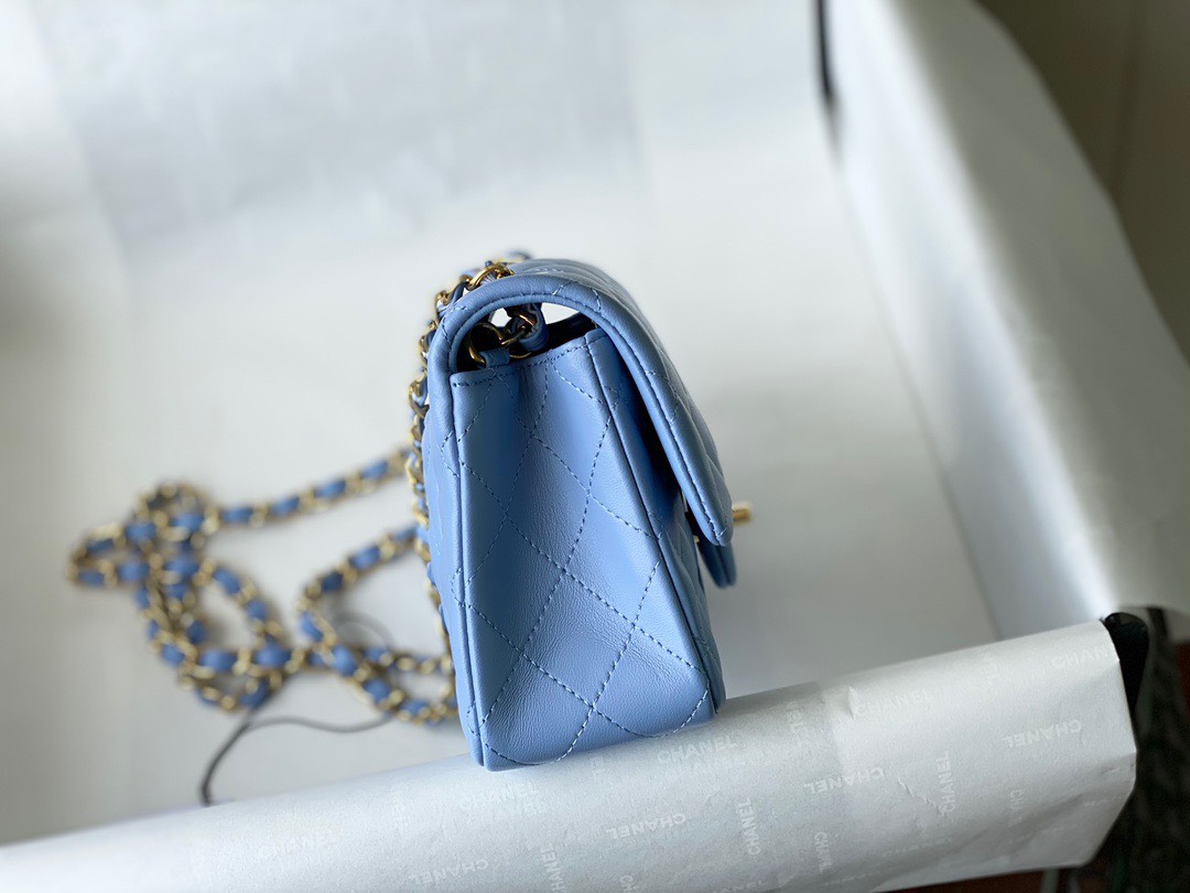 Bagsaaa Ch**el Flap Bag Blue Lambskin Leather Gold Hardware - 20cm