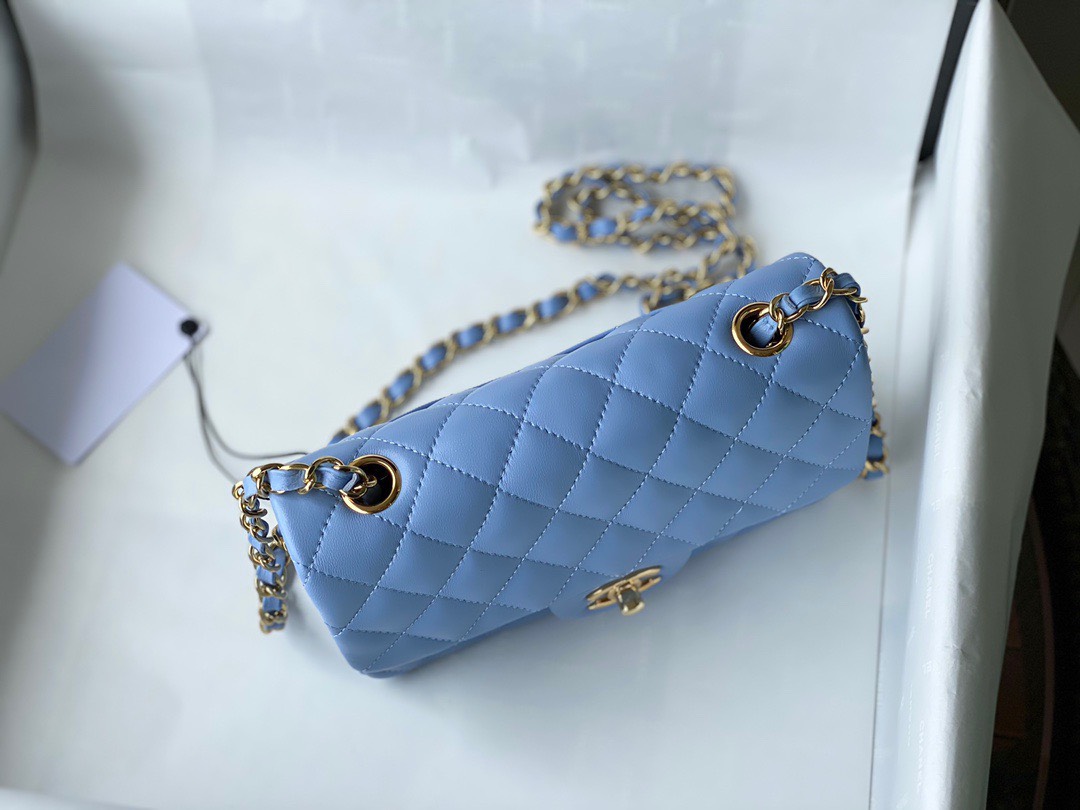 Bagsaaa Ch**el Flap Bag Blue Lambskin Leather Gold Hardware - 20cm