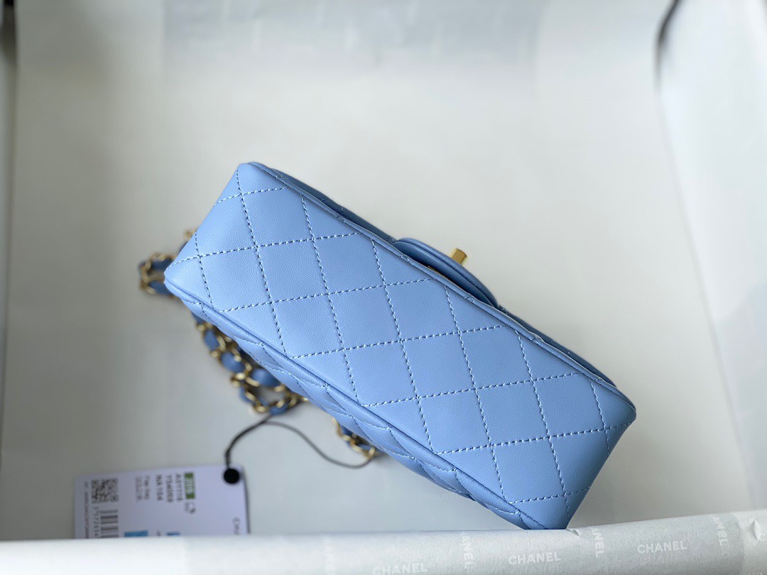 Bagsaaa Ch**el Flap Bag Blue Lambskin Leather Gold Hardware - 20cm