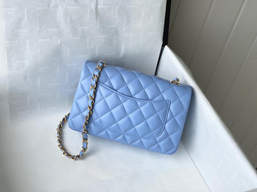 Bagsaaa Ch**el Flap Bag Blue Lambskin Leather Gold Hardware - 20cm