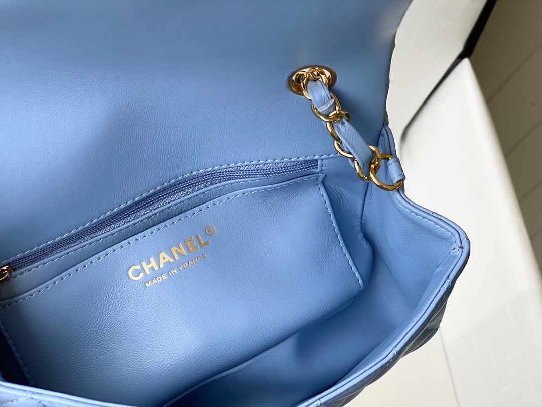Bagsaaa Ch**el Flap Bag Blue Lambskin Leather Gold Hardware - 20cm
