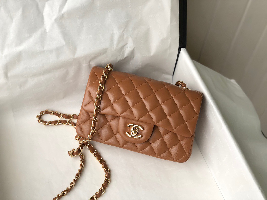 Bagsaaa Ch**el Flap Bag Brown Lambskin Leather Gold Hardware - 20cm