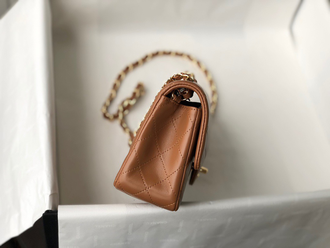 Bagsaaa Ch**el Flap Bag Brown Lambskin Leather Gold Hardware - 20cm