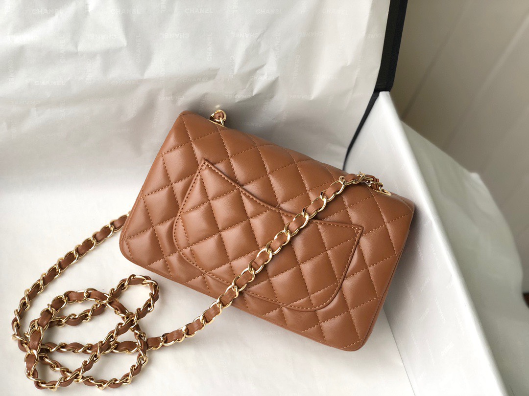 Bagsaaa Ch**el Flap Bag Brown Lambskin Leather Gold Hardware - 20cm