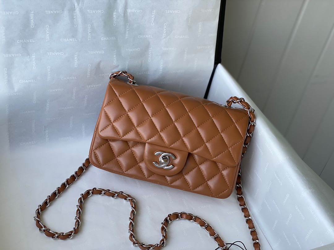Bagsaaa Ch**el Flap Bag Brown Lambskin Leather Silver Hardware - 20cm
