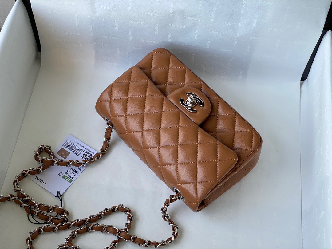 Bagsaaa Ch**el Flap Bag Brown Lambskin Leather Silver Hardware - 20cm