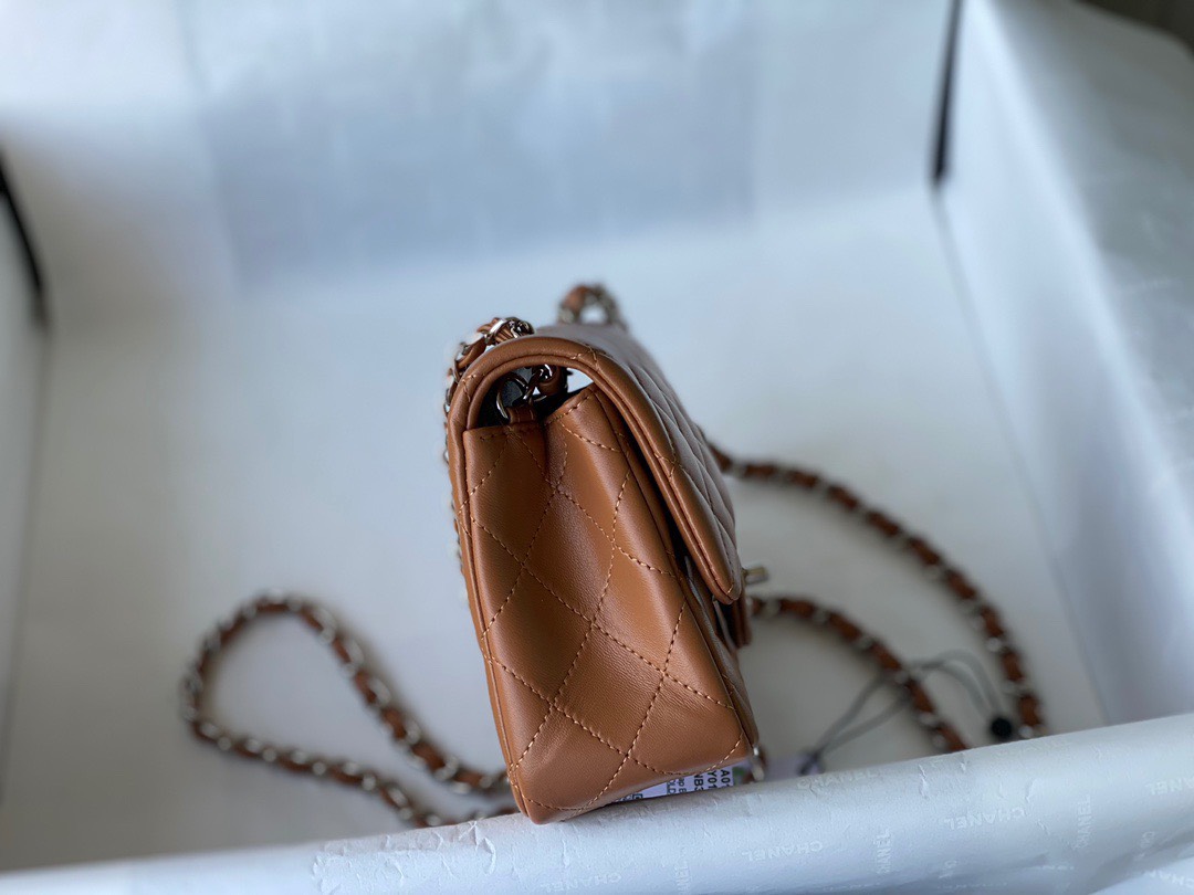 Bagsaaa Ch**el Flap Bag Brown Lambskin Leather Silver Hardware - 20cm