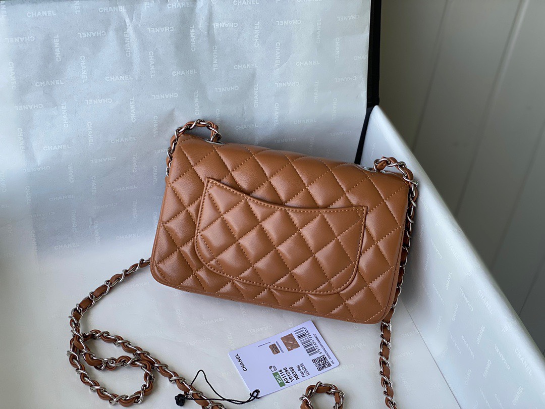 Bagsaaa Ch**el Flap Bag Brown Lambskin Leather Silver Hardware - 20cm
