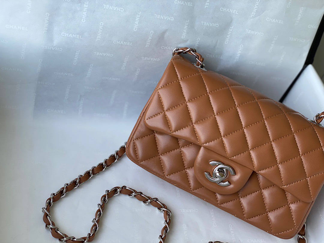 Bagsaaa Ch**el Flap Bag Brown Lambskin Leather Silver Hardware - 20cm