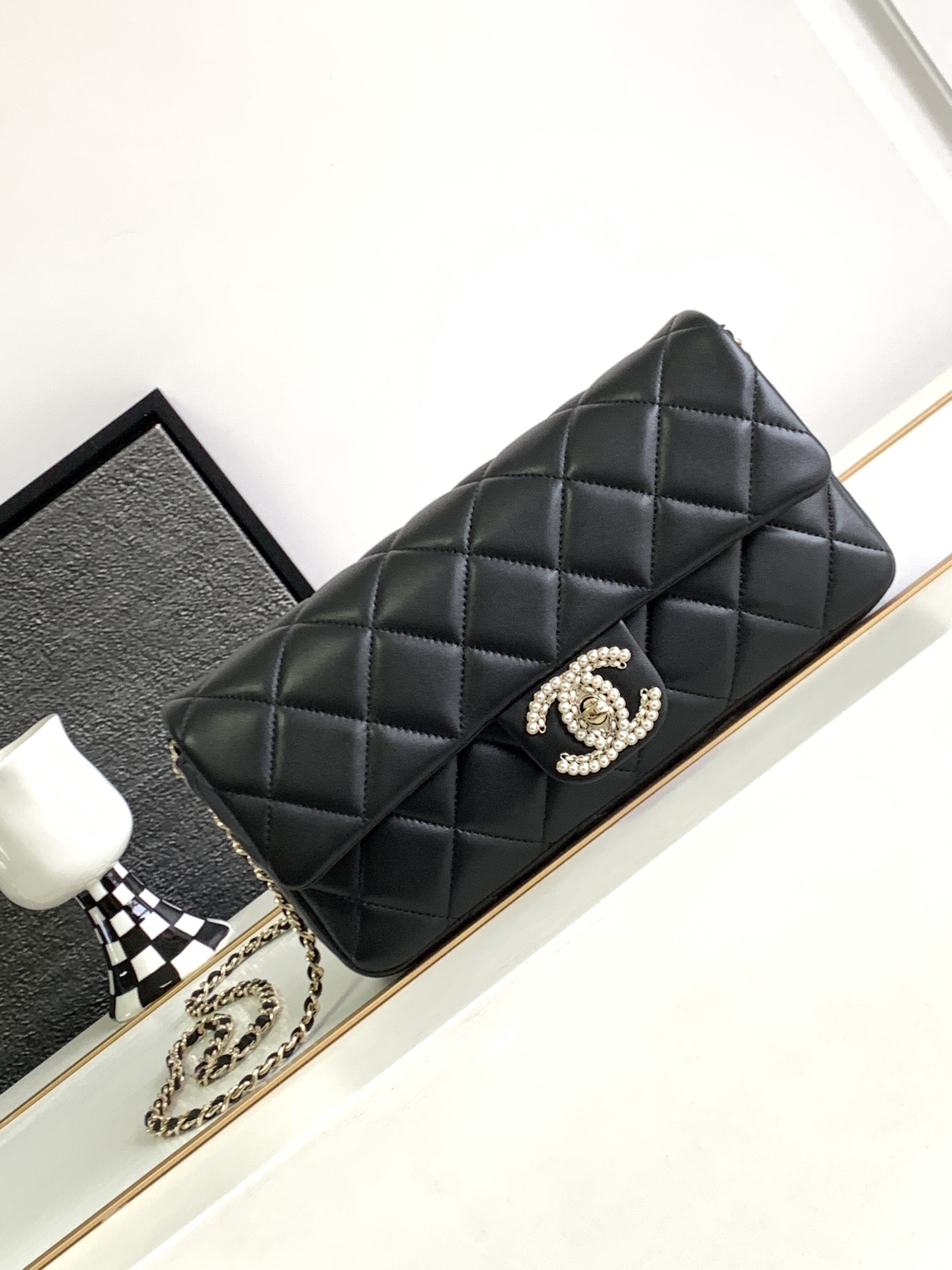 Bagsaaa Ch**el Flap Bag Black Quilted D1am0nd CC - 19 cm x 12 cm x 3 cm