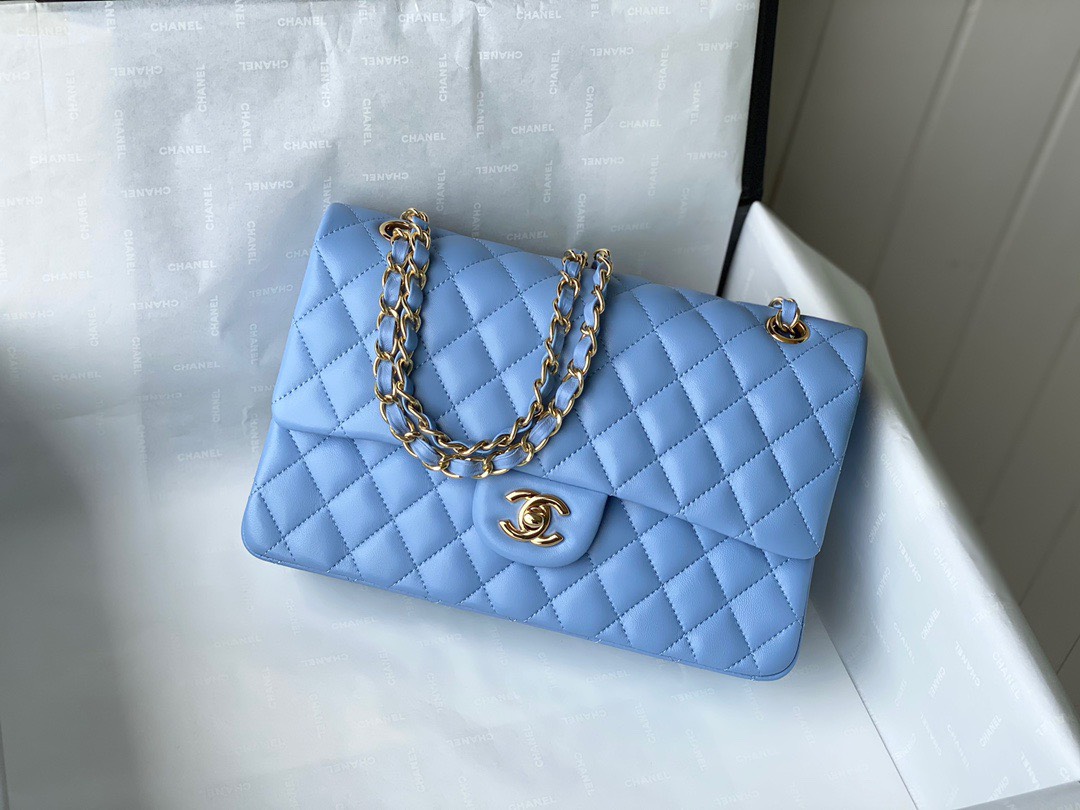 Bagsaaa Ch**el Flap Bag Blue Lambskin Leather Gold Hardware - 25cm