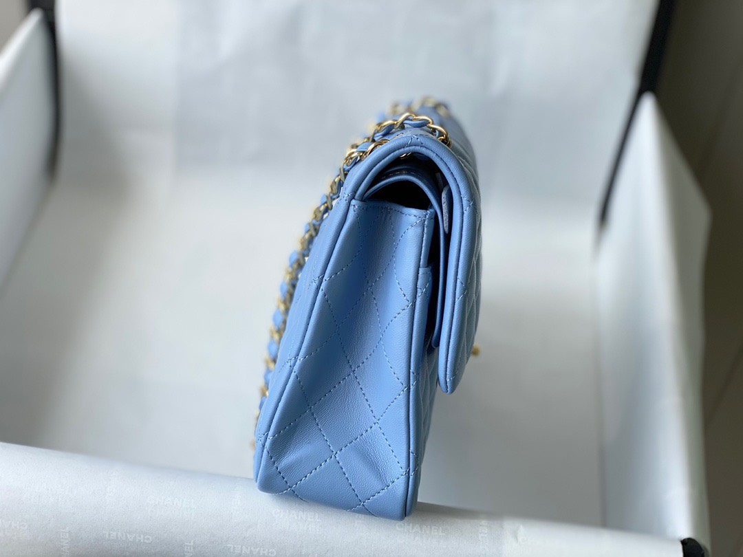 Bagsaaa Ch**el Flap Bag Blue Lambskin Leather Gold Hardware - 25cm