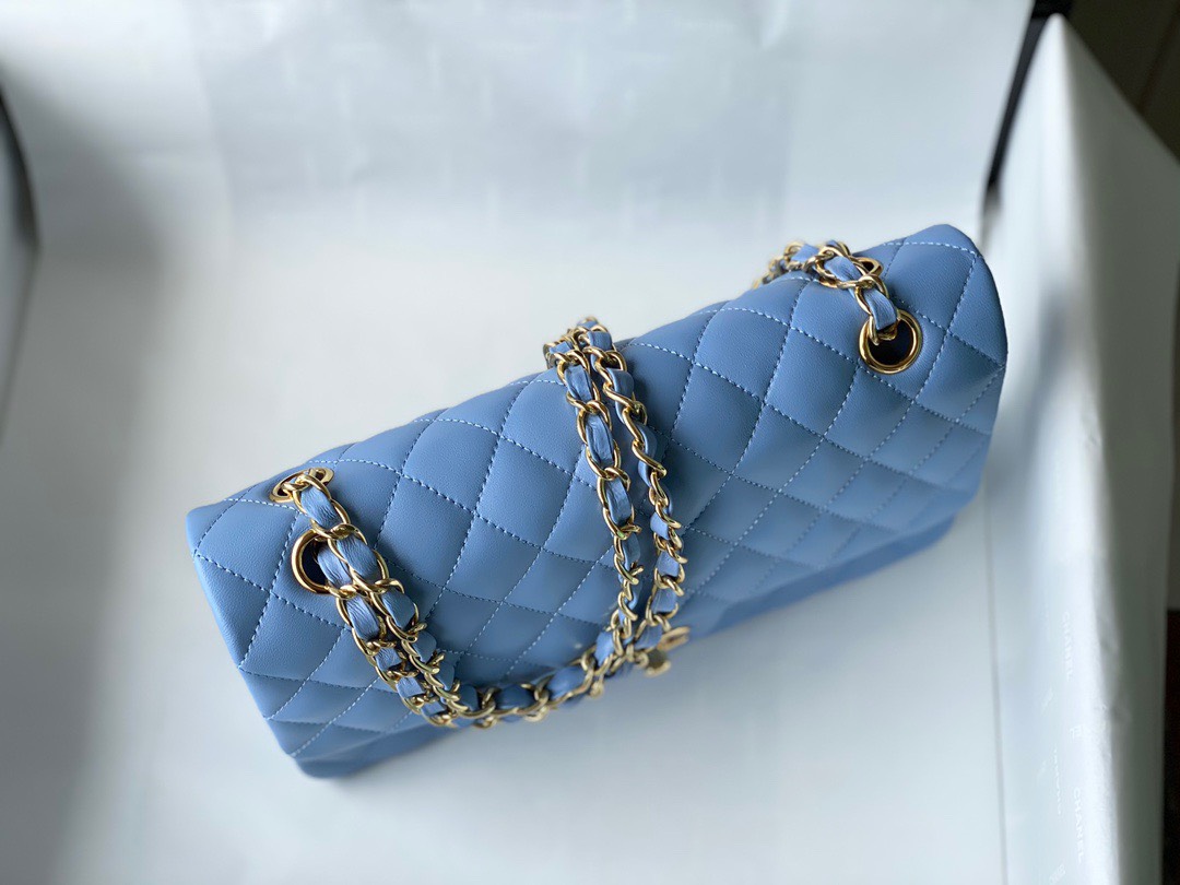 Bagsaaa Ch**el Flap Bag Blue Lambskin Leather Gold Hardware - 25cm