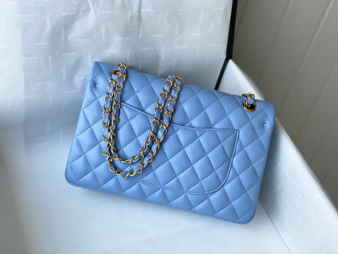 Bagsaaa Ch**el Flap Bag Blue Lambskin Leather Gold Hardware - 25cm