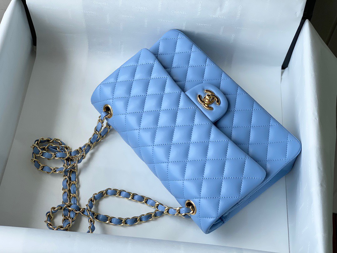 Bagsaaa Ch**el Flap Bag Blue Lambskin Leather Gold Hardware - 25cm