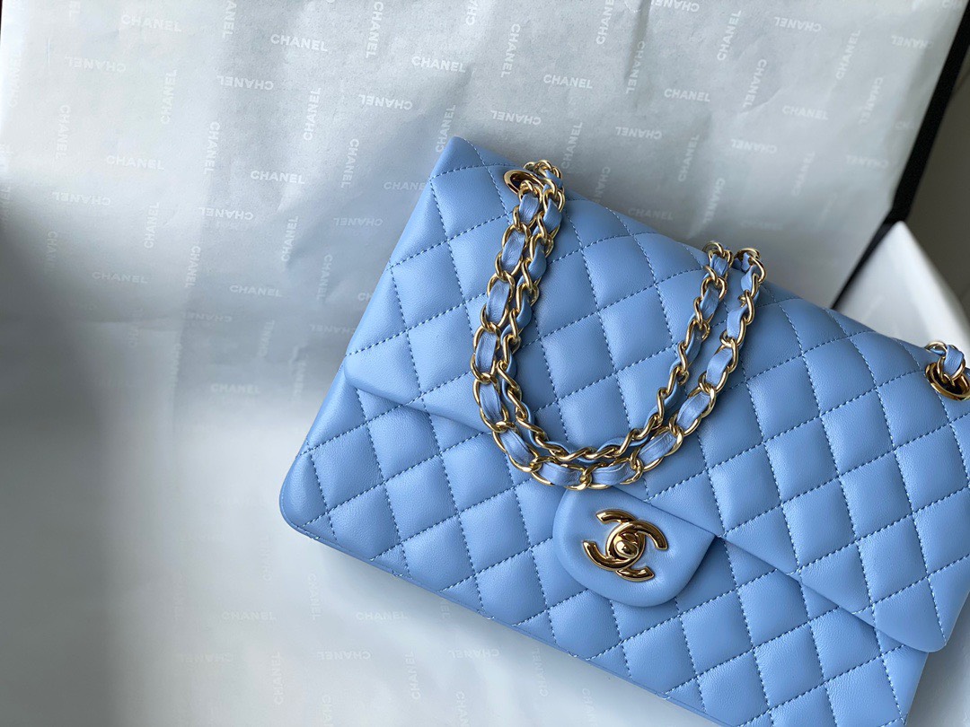 Bagsaaa Ch**el Flap Bag Blue Lambskin Leather Gold Hardware - 25cm