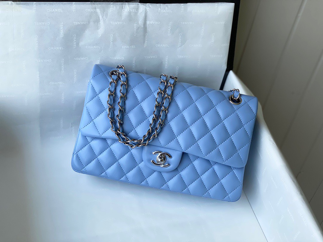 Bagsaaa Ch**el Flap Bag Blue Lambskin Leather Silver Hardware - 25cm