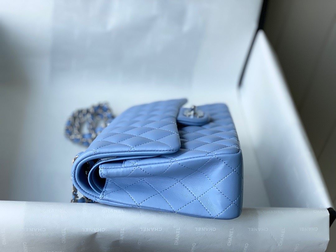 Bagsaaa Ch**el Flap Bag Blue Lambskin Leather Silver Hardware - 25cm
