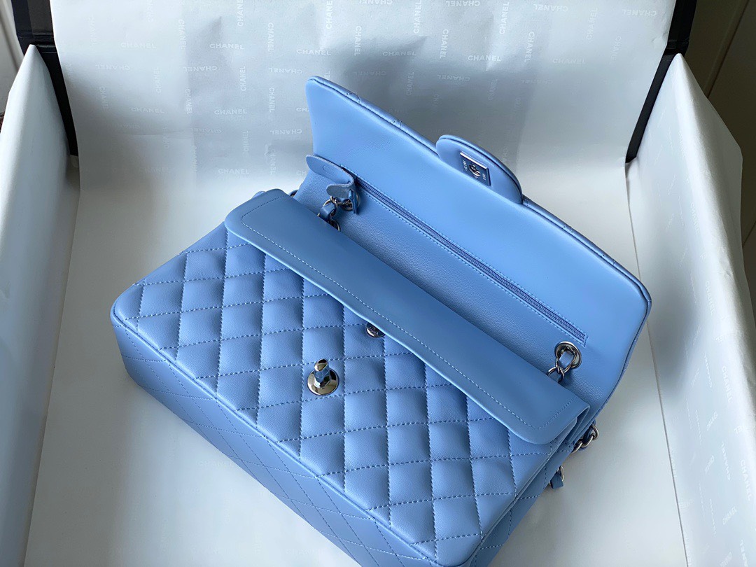 Bagsaaa Ch**el Flap Bag Blue Lambskin Leather Silver Hardware - 25cm