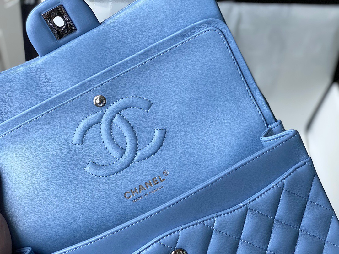 Bagsaaa Ch**el Flap Bag Blue Lambskin Leather Silver Hardware - 25cm