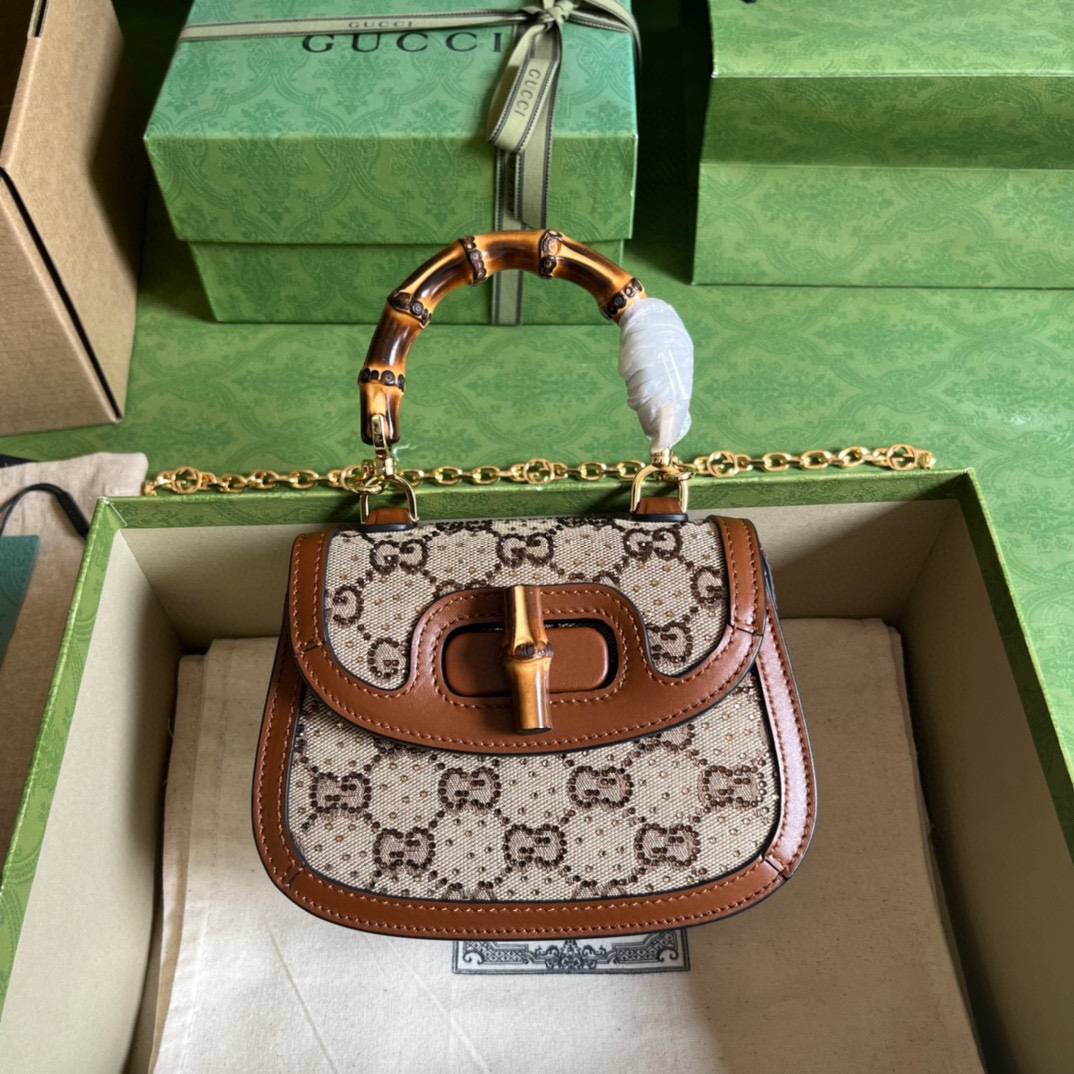 Bagsaaa Bamboo 1947 Mini Top Handle Brown Crystal Bag - 17x12.5x8cm