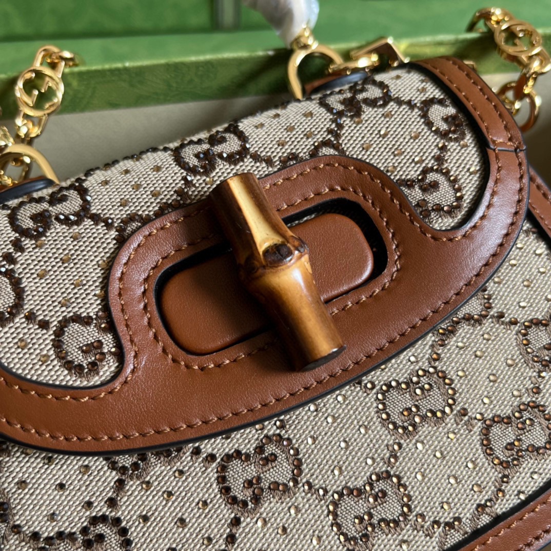 Bagsaaa Bamboo 1947 Mini Top Handle Brown Crystal Bag - 17x12.5x8cm