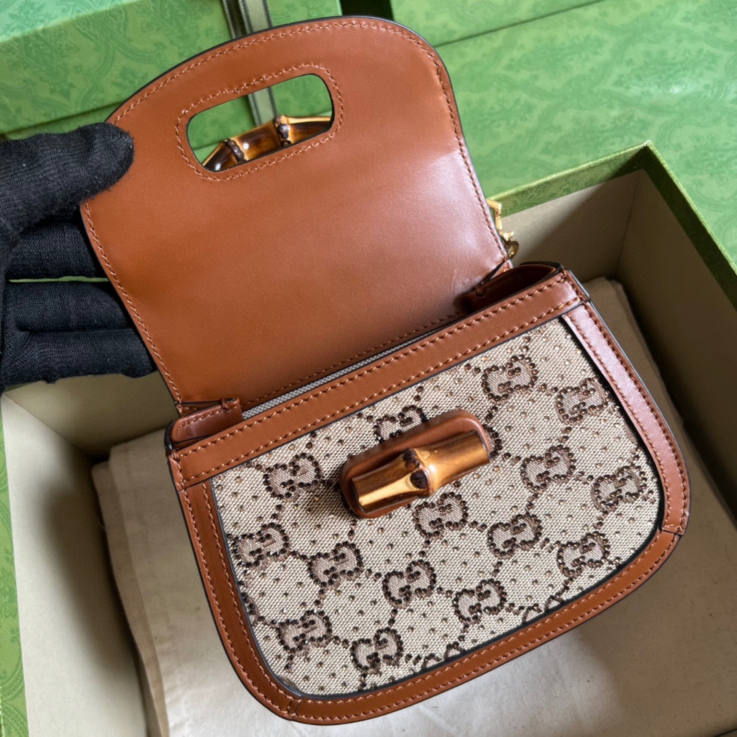 Bagsaaa Bamboo 1947 Mini Top Handle Brown Crystal Bag - 17x12.5x8cm