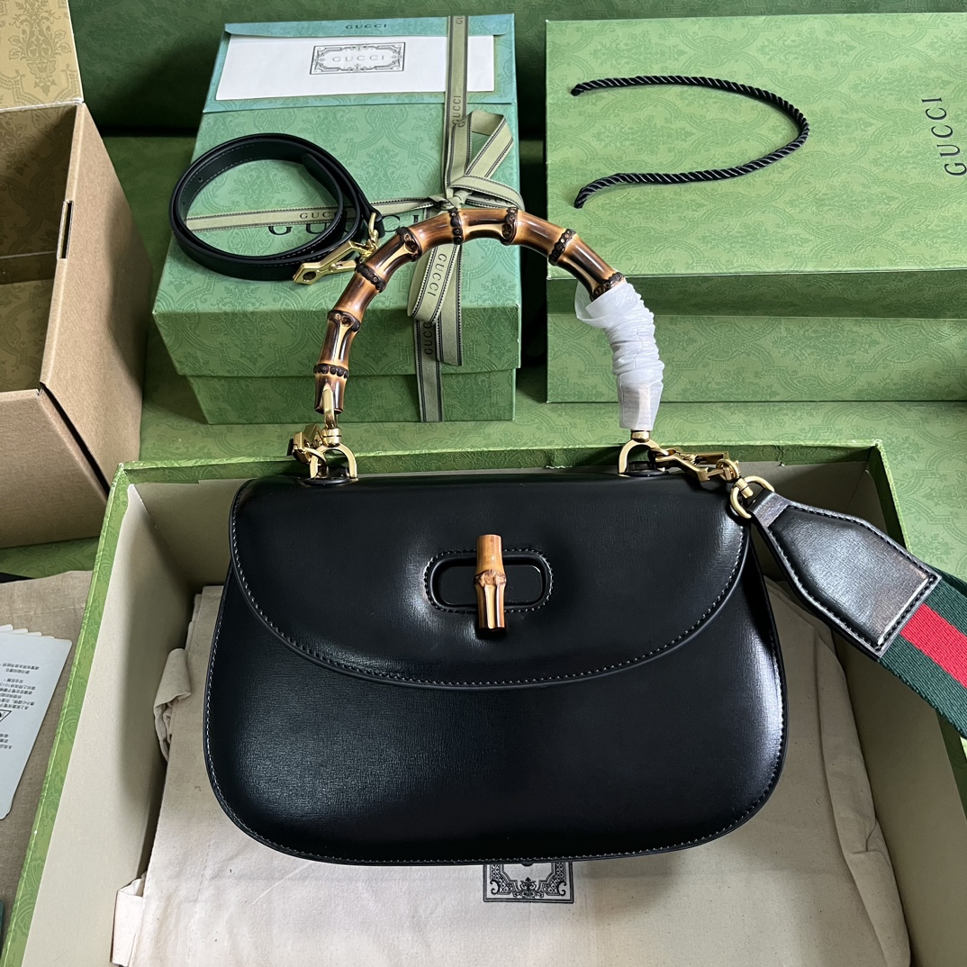 Bagsaaa Bamboo 1947 Medium Top Handle Black Leather Bag - 26x17x9cm