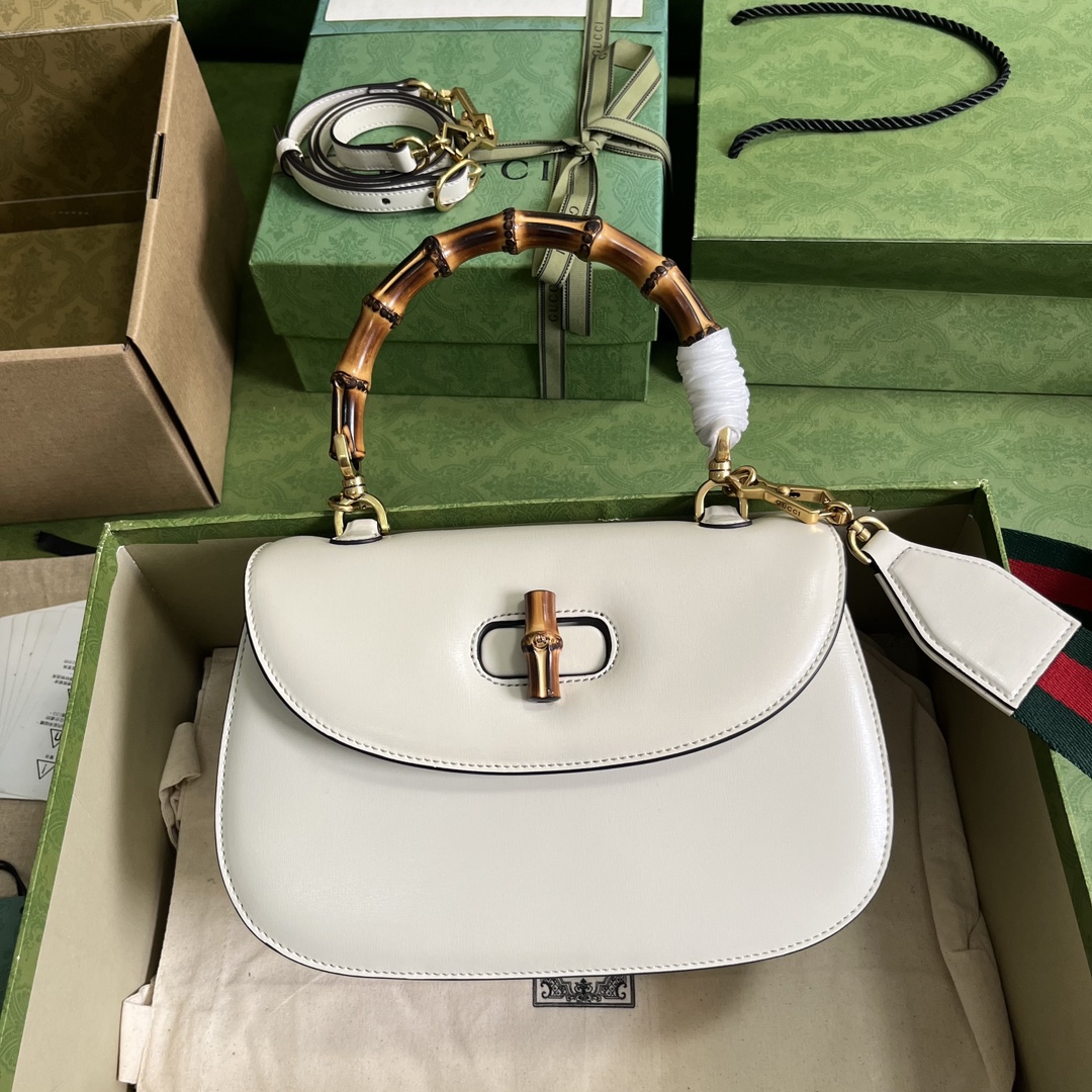 Bagsaaa Bamboo 1947 Medium Top Handle White Leather Bag - 26x17x9cm